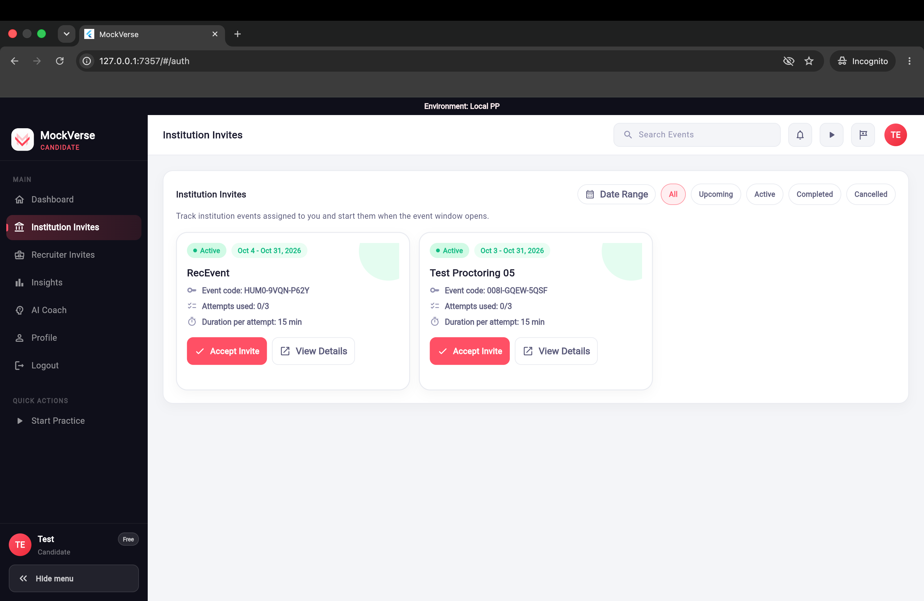Institution Invites with a test proctored event awaiting acceptance and an Accept Invite action