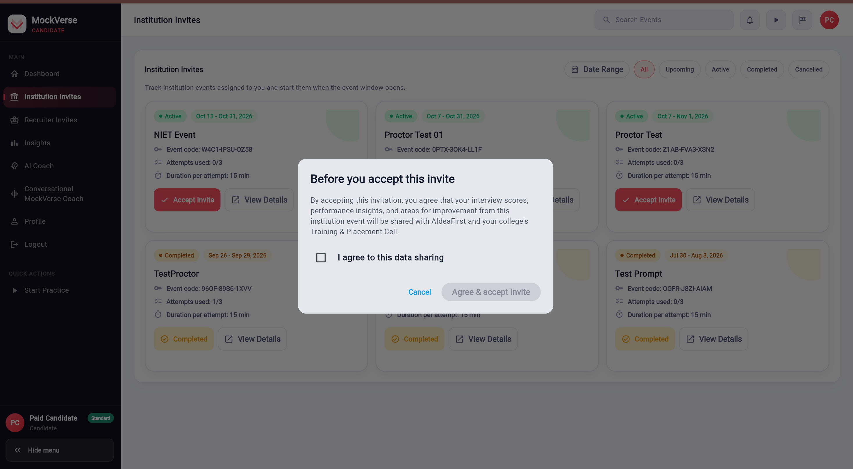 Before you accept this invite dialog showing the institution event data-sharing disclosure, unchecked agreement box, and disabled Agree and accept invite button