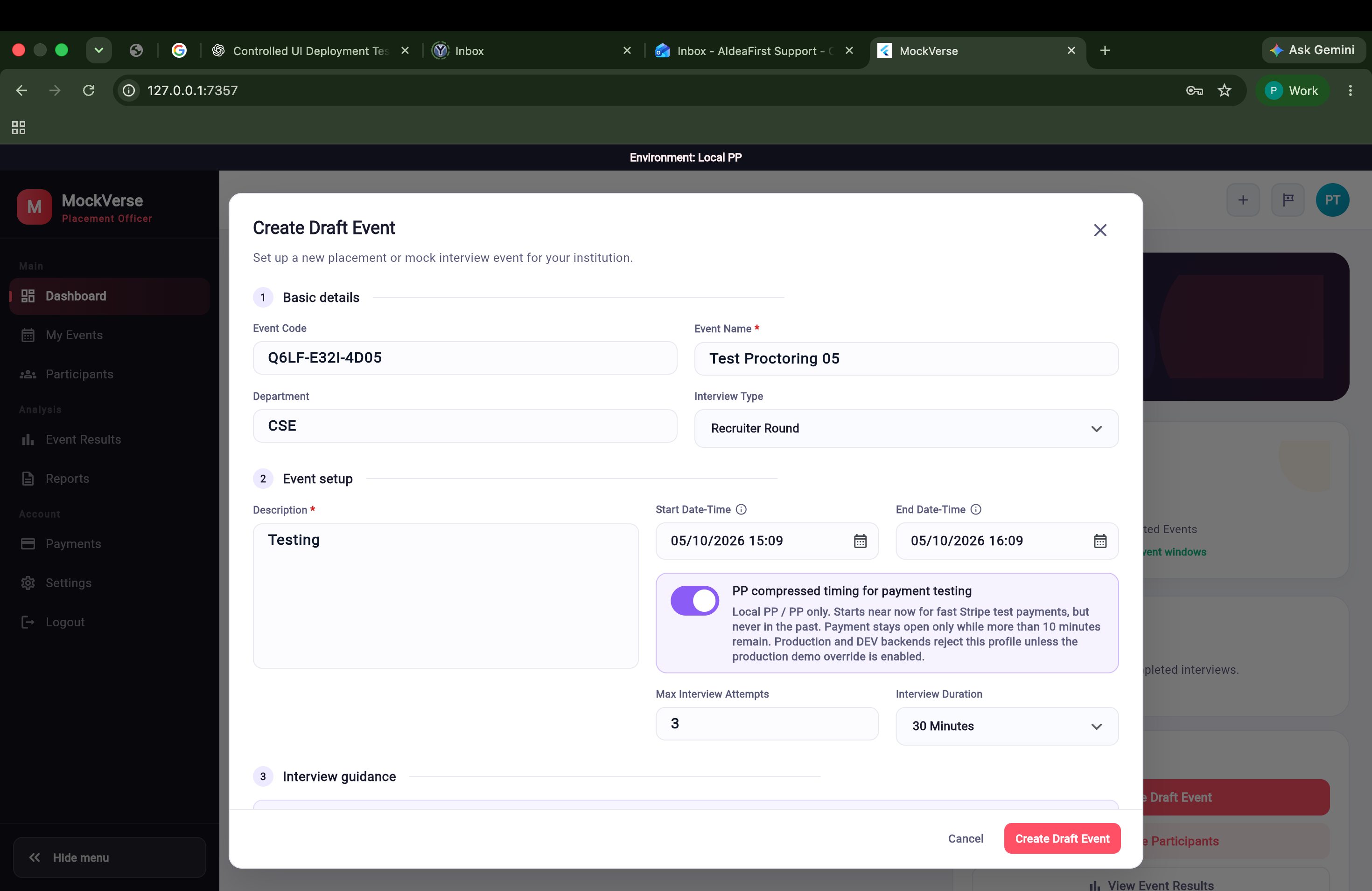 Create Draft Event form showing test event basic details, dates, attempts, and duration