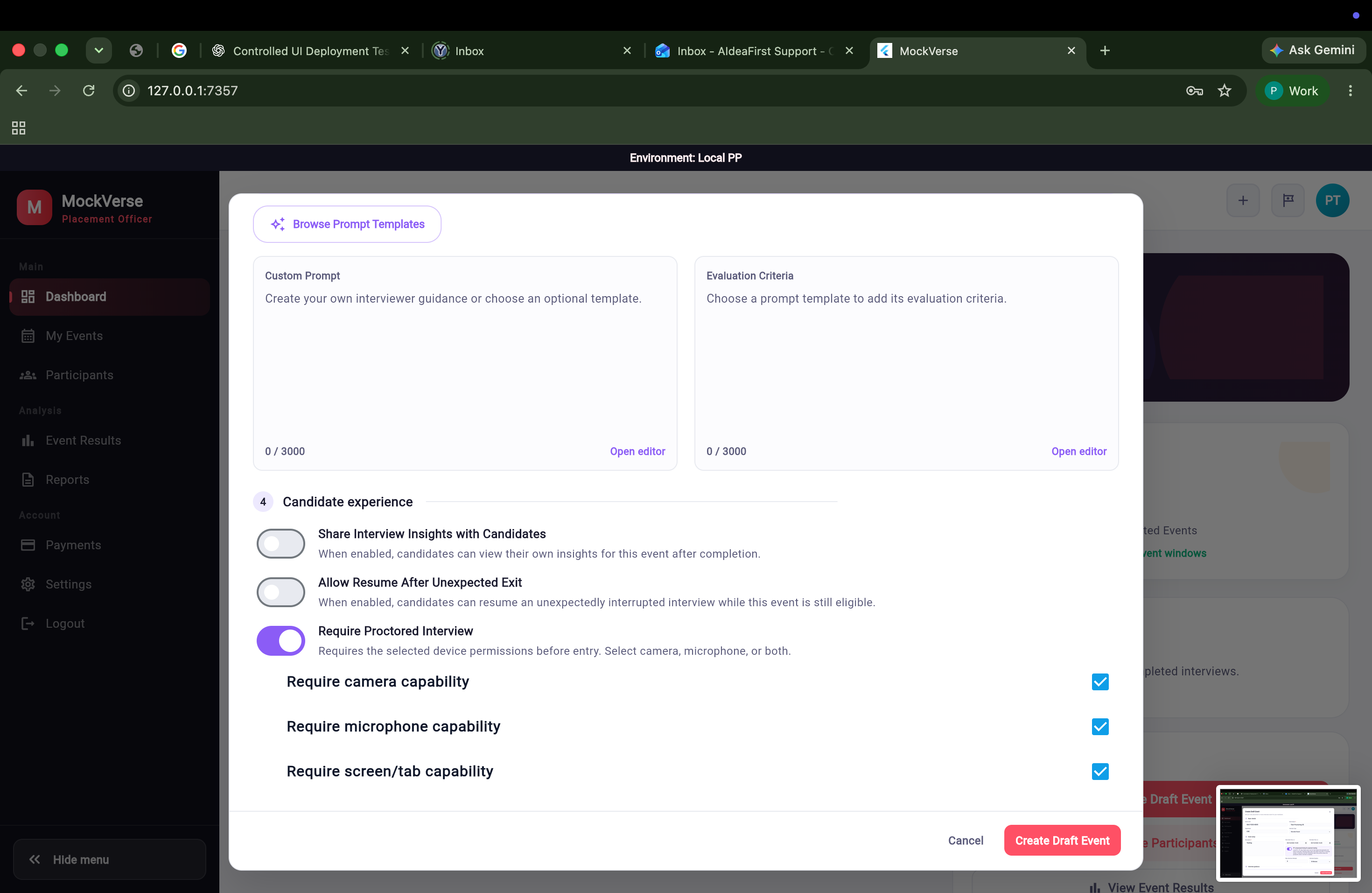 Create Draft Event candidate experience with camera microphone and screen tab capabilities selected