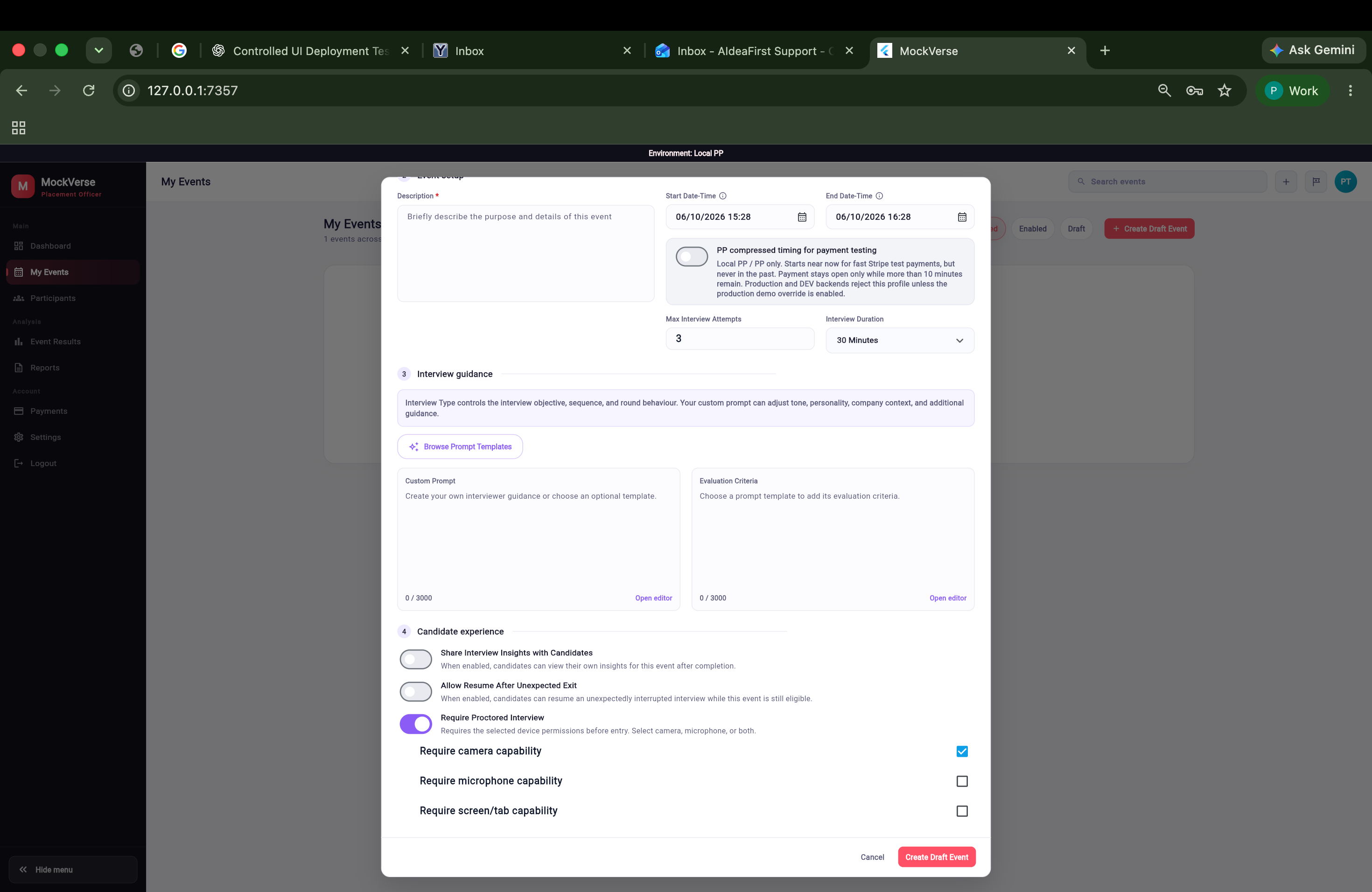 Create Draft Event candidate experience with proctoring enabled and camera capability selected